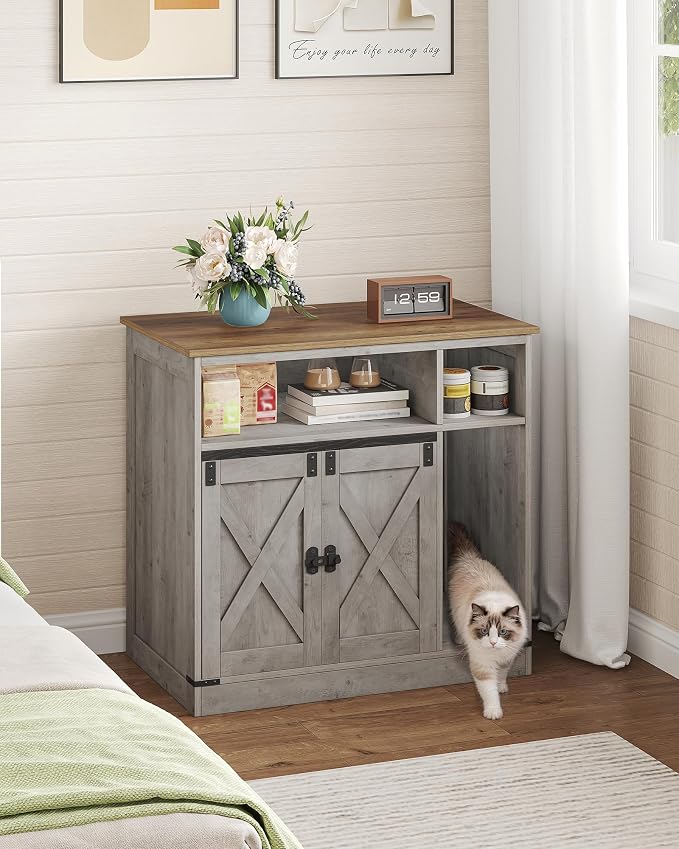 Hzuaneri Cat Litter Box Enclosure, Hidden Litter Box Furniture with Storage, Wooden Cat Cabinet with Scratch Pad, Farmhouse Cat Washroom, TV Stand End Table, Greige CB87505X