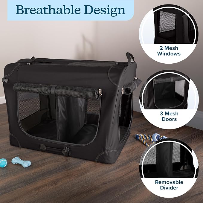 Soft Dog Crate - 32x23.25x23 Collapsible Dog Crate for Medium Pets - Portable Travel Pet Crate with 3 Doors, Mesh Windows, and Removable Divider - Travel Accessories by PETMAKER (Black)