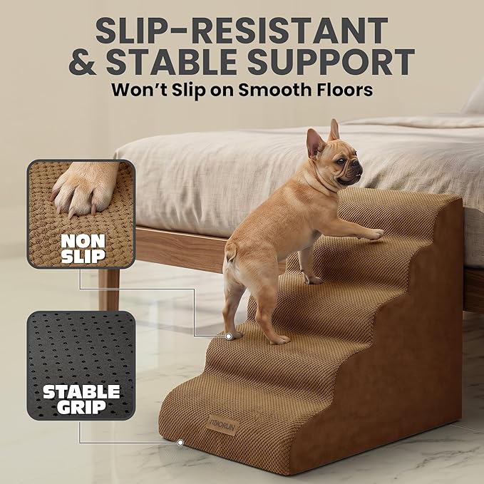 Dog Stairs for High Beds Up to 26-30", 5-Step Foam Pet Ramp with Washable Cover, Gentle Slope Steps, Bed & Couch Ladder for Small Medium Dogs & Senior Cat, Puppy Stairs to Get on Tall Furniture
