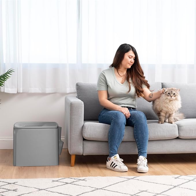 IRIS USA Cat Litter Box Top Entry with Scoop, Covered Dog Proof Litter Box Design, Enclosed Square Style Litterbox with Odor Control, Easy to Clean for Cats, Gray