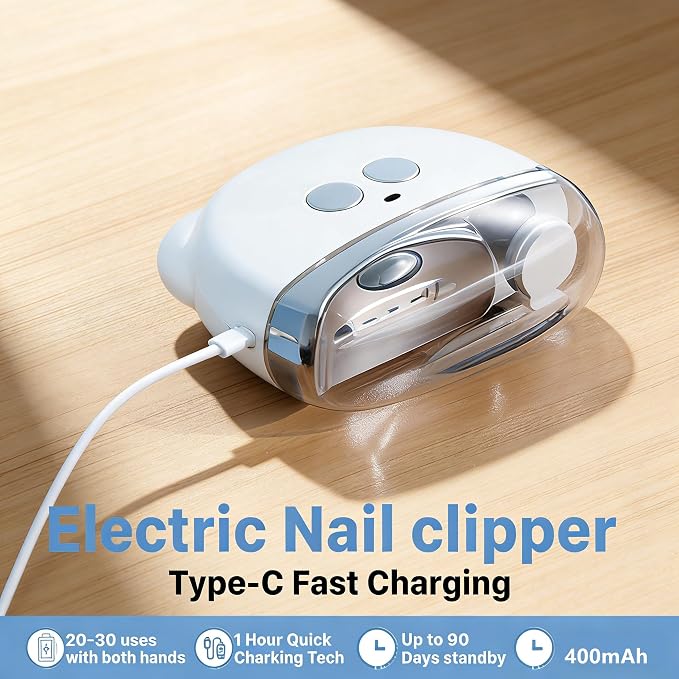 Electric Nail Clippers, Electric Nail Trimmer with LED Light & Nail Filer, Automatic Toenail Clipper with Polishing, Rechargeable Electric Nail Clipper for Seniors, Women, Men (White)