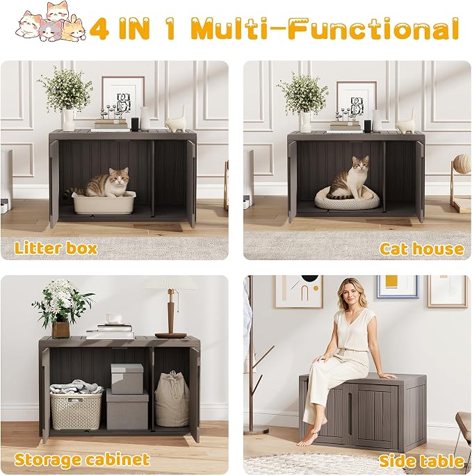 Cat Litter Box Enclosure, Multi-Functional Hidden Enclosed Litter Box Furniture with Adjustable Partition, Indoor Outdoor Cat House Weatherproof, Side Table, Easy to Clean & Assemble, Grey