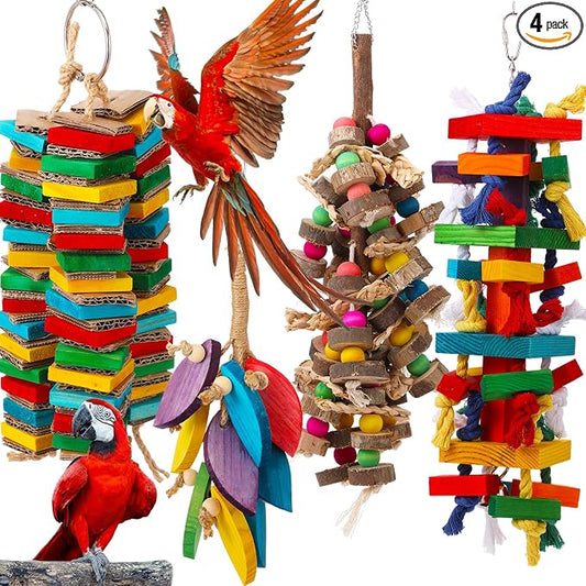 Soulchen 4 Pcs Extra Large Bird Parrot Toy Set Natural Wooden Chewing Toy, Rattan Ball, Wood Nut Loofah String (Bagged) for Large Macaws, African Grey, Parrots (Wood Leaf)
