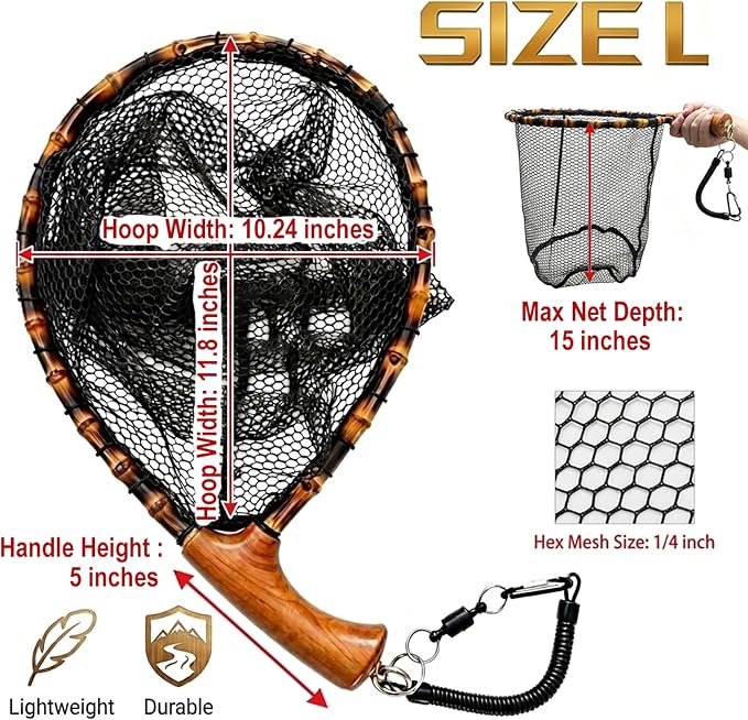 Floating Handcrafted Bamboo Fly Fishing Landing Net, Solid Wood Handle, Soft Rubber Coated Mesh for Trout, Kayak & Stream Fishing, Includes Magnetic Release & Safety Lanyard