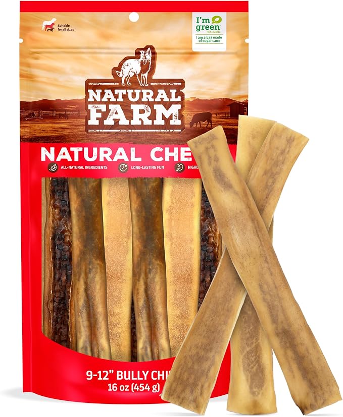 Natural Farm Bully Chips (9-12 Inch, 16 Oz.), Digestible Beef Cheek from Grass-Fed Cows, Non-GMO, Grain-Free, Natural Long-Lasting Dog Chews for Small, Medium & Large Dogs, Great Rawhide Alternative