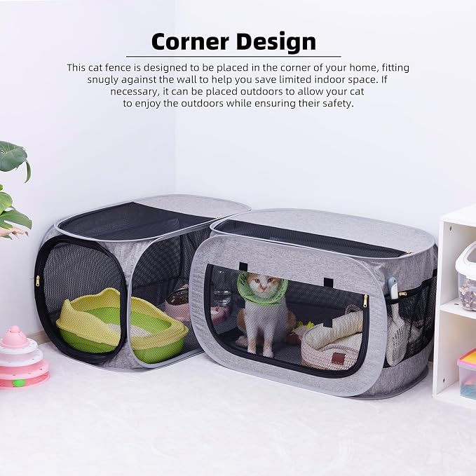 NAFU Corner Cat Playpen with Litter Box Compartment for Indoor Use - Space Saving Foldable Enclosure for Kittens & Puppy, Cat Houses & Condos