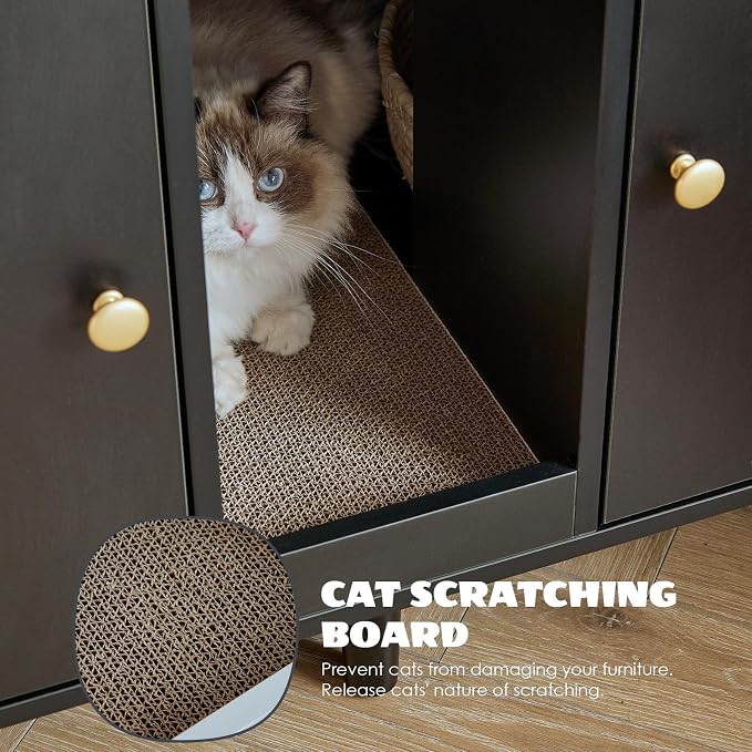 Litter Box Enclosure for Cats, Hidden Cat Litter Boxes Furniture with Cat Scratch Pad, Indoor Pet House with Double Room, Wooden TV Stand Side Table, Black