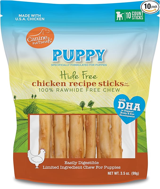 Canine Naturals Puppy Chicken and Rice Chew - Rawhide Free Puppy Treats - Made with USA Chicken - All-Natural & Easily Digestible - 10 Pack of 5-Inch Sticks for Puppies