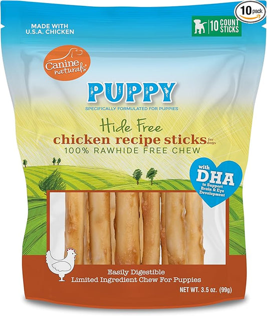 Canine Naturals Puppy Chicken and Rice Chew - Rawhide Free Puppy Treats - Made with USA Chicken - All-Natural & Easily Digestible - 10 Pack of 5-Inch Sticks for Puppies