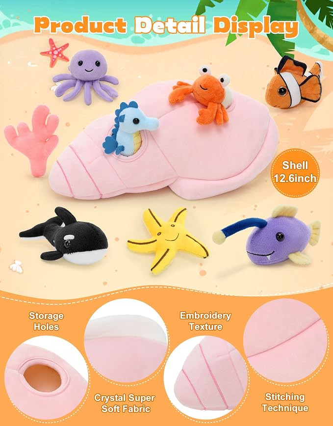 Muiteiur 9-Piece Conch Shell Stuffed Animals with Sea Creatures Inside, 12.6" Soft Ocean Plush Toys for Kids Ages 3+, Hide and Seek Interactive Playset for Birthday, Baby Shower & Nursery Decor