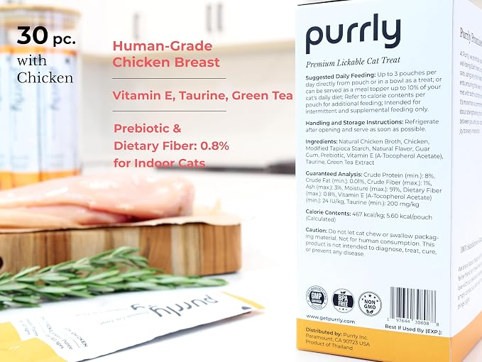 Purrly Low Calorie Premium Lickable Cat Treat Topper Healthy Chicken Variety Bundle (90 Count) Human-Grade Protein with Functional Nutrients Wet Squeeze Creamy Purée Grain-Free Non-GMO Low-Phosphorus