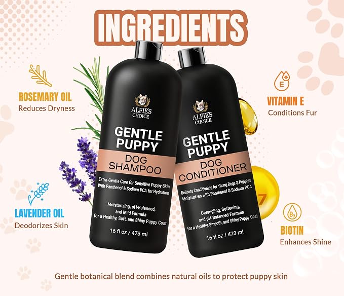 ALFIE'S CHOICE Puppy Shampoo and Conditioner Set | 16 fl oz Each | Gentle Formula for Sensitive & Itchy Skin | Panthenol & Sodium PCA | for Puppies, Adults & All Breeds