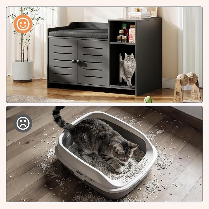 Patikuin Hidden Cat Litter Box Enclosure Cabinet with Mark Pad, Storage Shelf & Odor Control – Modern Farmhouse Indoor Cat House Furniture for Bedroom or Hallway – Black
