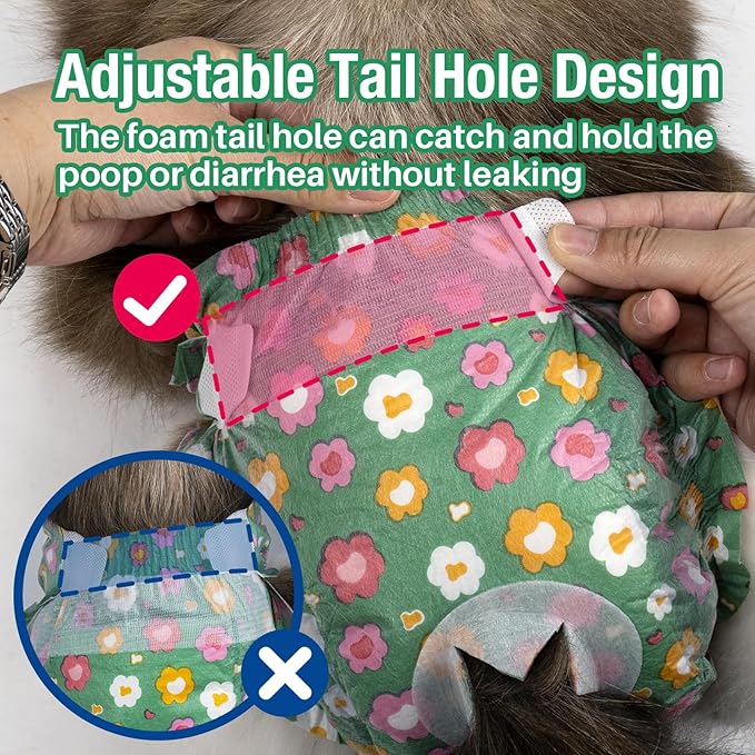 Pet Soft Disposable Cat Diapers - Diaper for Female & Male Cats, Puppy Doggie Diapers for Female Dogs with Adjustable Foam Tail Hole, X-Small (24Pcs, GN Flowers)