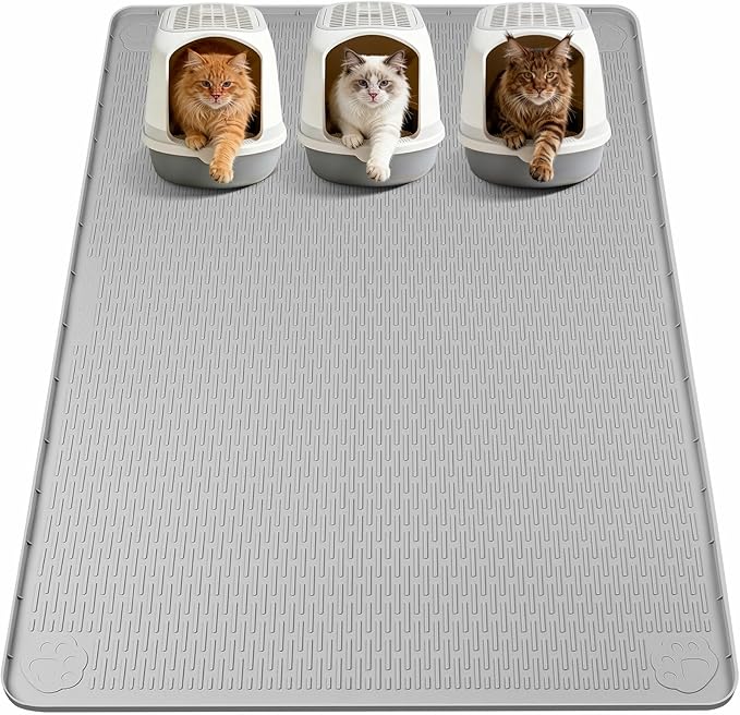 Cat Litter Mat, Extra Large 70" x 45" Silicone Mat Litter Trapping Mat for Scatter Control, Soft on Kitty Paws, Easy to Clean (Light Grey)