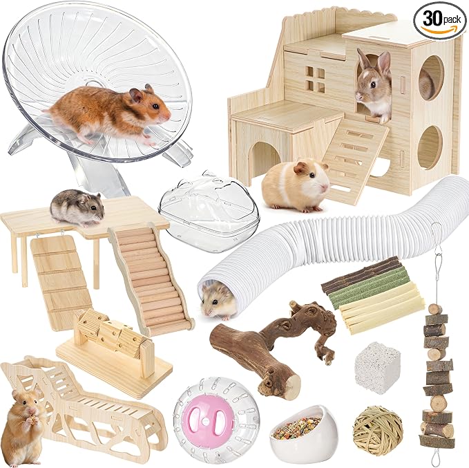 Leitee 30 Pcs Hamster Cage Accessories, Chew Toys for Guinea Pig, Chinchillas, Gerbils, Mice, Rats, Rabbit, Silent Wheel with 15 Chew Toys Set, Maze Wood House, Mouse Tunnel Tube and Sand Bath Box Set