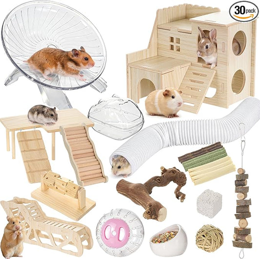 Leitee 30 Pcs Hamster Cage Accessories, Chew Toys for Guinea Pig, Chinchillas, Gerbils, Mice, Rats, Rabbit, Silent Wheel with 15 Chew Toys Set, Maze Wood House, Mouse Tunnel Tube and Sand Bath Box Set