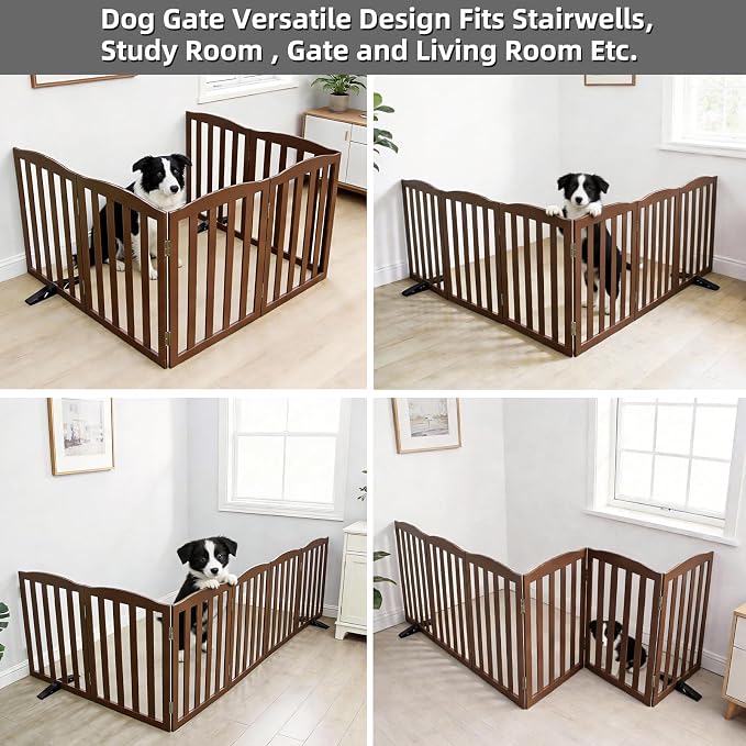 ZJSF Foldable Freestanding Indoor Dog Gate for House Wood Long Pet Gates Dog Fence for Stairs Puppy Gates for Hallways, Puppy Gate,Support Feet Included, Brown, 32 "Height-6 Panels