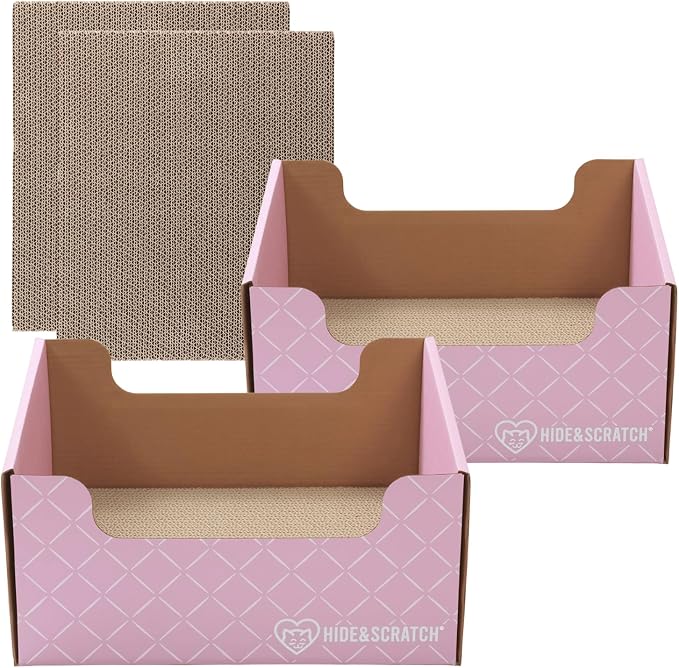 2X Hide & Scratch Cat Scratcher Boxes Plus 2 Scratch Pad Refills