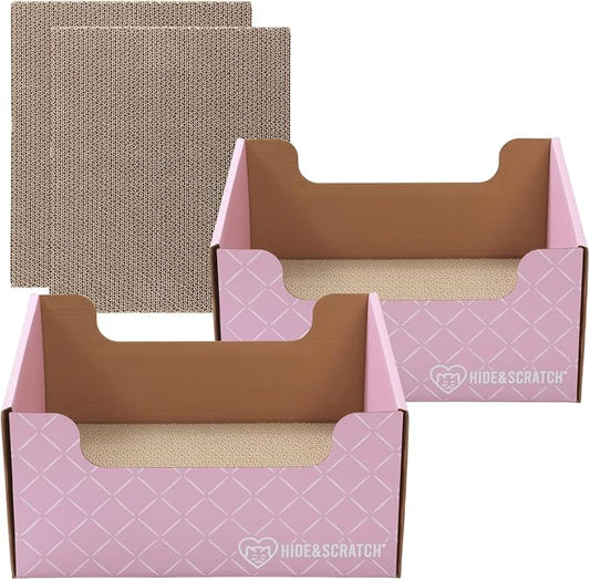 2X Hide & Scratch Cat Scratcher Boxes Plus 2 Scratch Pad Refills