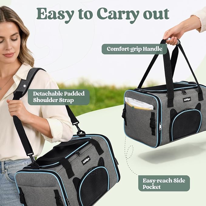 rabbitgoo Cat Carrier Soft Sided, Stable Portable Pet Carrier with Safety Buckles for Car Travel Vet Visit Airline, Comfortable Breathable Kitten Bag for Small Medium Cat, Grey, 17x11x11 inch