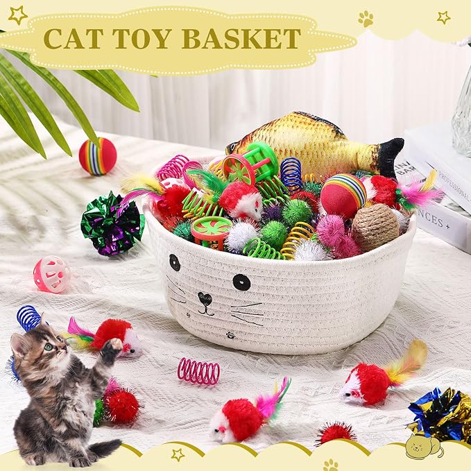 Zopeal 58 Pcs Summer Graduation Cat Storage Basket Gift Toys Set, Colorful Flashing Balls Pet Bell Crinkle Balls Spring Toys Attract Cat to Swat, Hunt, Interactive for Pet(White,9.8 Inch)
