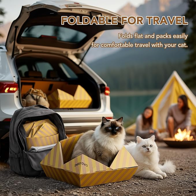 PETNOVO Foldable Cardboard Cat House Bed for Indoor Cats, Collapsible Cat Hideaway with Corrugated Scratcher Insert, Low Entry, Paper Build, 18.5 x 18.5 x 11.8 in, Yellow