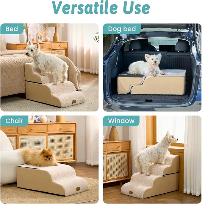 COZY KISS Detachable Curved Wide Dog Stairs 19.7" H, 4 Step Small Dog Step for Puppy or Older Cat, Ramp for Bed, Sofa, Couch or Chair, Ladder with High Density Foam, 17.7x28.3x19.7 inch, Beige