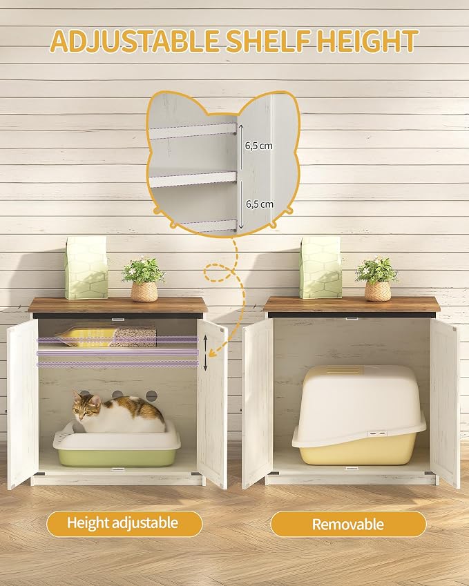 Hzuaneri Cat Litter Box Enclosure Enclosed, Hidden Litter Box Furniture Cabinet Large, Wooden Indoor Cat House with Adjustable Shelf for Top Entry Litter Box, Farmhouse Rustic Brown and White CB85414X