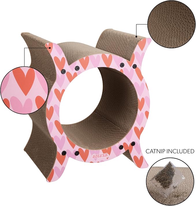 Nyan 16.5" Modern Cardboard Tunnel Cat Scratcher House with Catnip, Corrugated Indoor Cat Hideaway Den, Heart Pattern Scratching Surface for All Cats CSR1007C