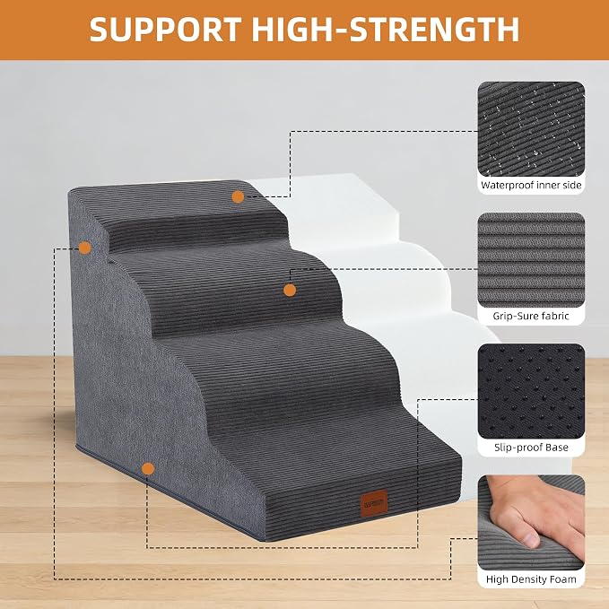 Dog Stairs for Small Dogs and Cats, 19.7" H, 4-Step Curved Pet Ramp for Beds or Couches, Non-Slip Medium Pet Steps with High Density Foam, Grey