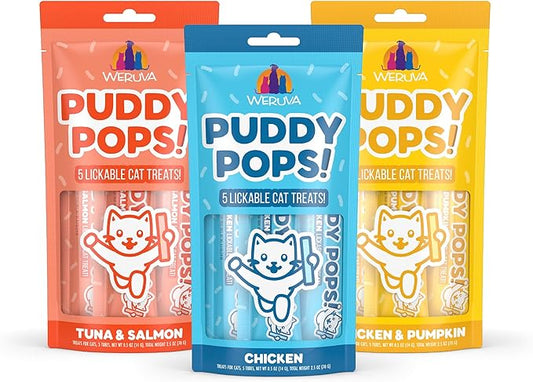 Bundle of Weruva Puddy Pops Lickable Cat Treats in 3 flavors, Chicken, Tuna & Salmon, and Chicken & Pumpkin