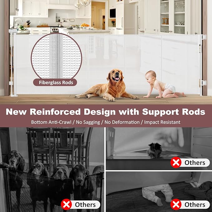Reinforced 41" Extra Tall Retractable Dog Gate 100" Wide Retractable Baby Gates with Support Rods, Outdoor Retractable Gates for Dogs Indoor Extra Tall Baby Gate Child Gates for Wide Openings, White