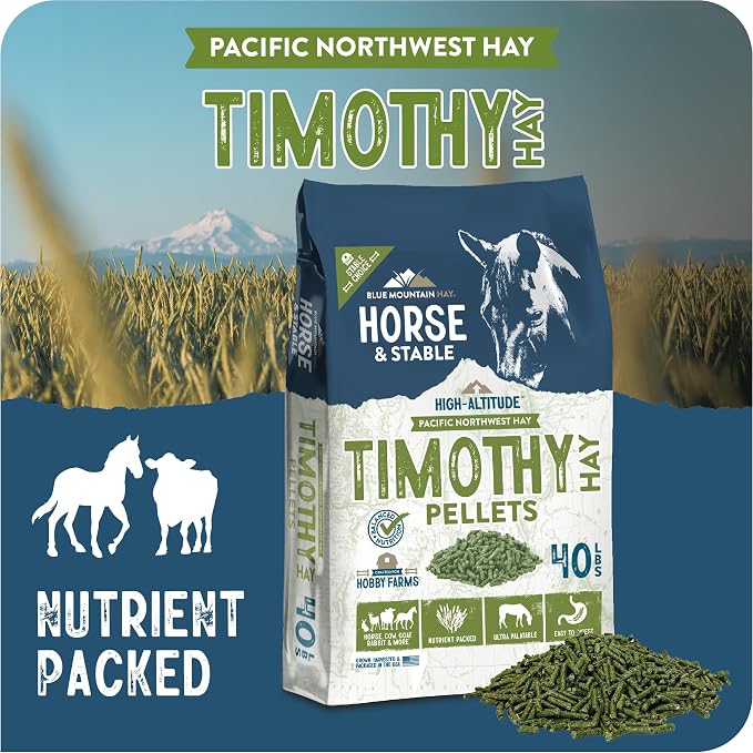 Blue Mountain Hay High Altitude Timothy Hay Pellets (40 lb), Ultra Premium Nutrient Dense Forage, Small Quick Soaking Low Dust Pellets, Easy to Measure, Automatic Feeder Friendly