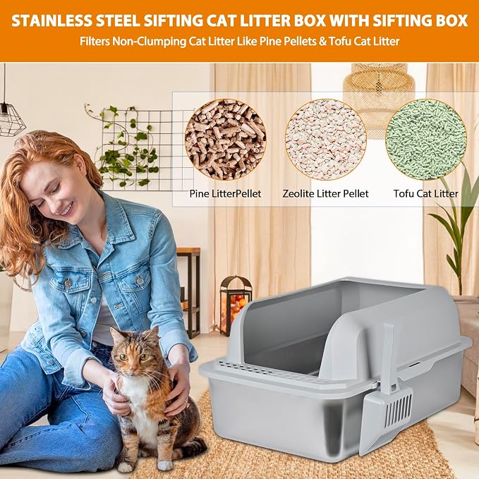 Homegroove Stainless Steel Sifting Litter Box for Pine Pellets, 23.6''Lx15.7''Wx12''H Cat Litter Box with Lid for Indoor Cats Metal Pellet Sifter Litter Pan with Plastic Scoop &10 Urine Pads (6 Inch)