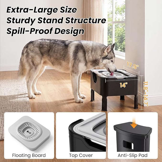 18L (4.7Gal) Extra Large (17.9x14x14.7) Elevated Dog Water Bowl, Height Adjustable Raised Stand for Large & XL Dogs, Stainless Steel No-Spill Bowl with Replaceable Filter for Multi Dog, No Pump