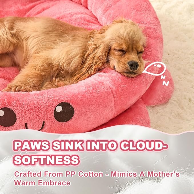 Jiupety Cute Calming Dog Beds Clearance for Large Dogs, Anxiety Bolster Dog Bed with Octopus Shape, Pink, Red, Boho, Round Pet Bed Cat with Removable Cushion