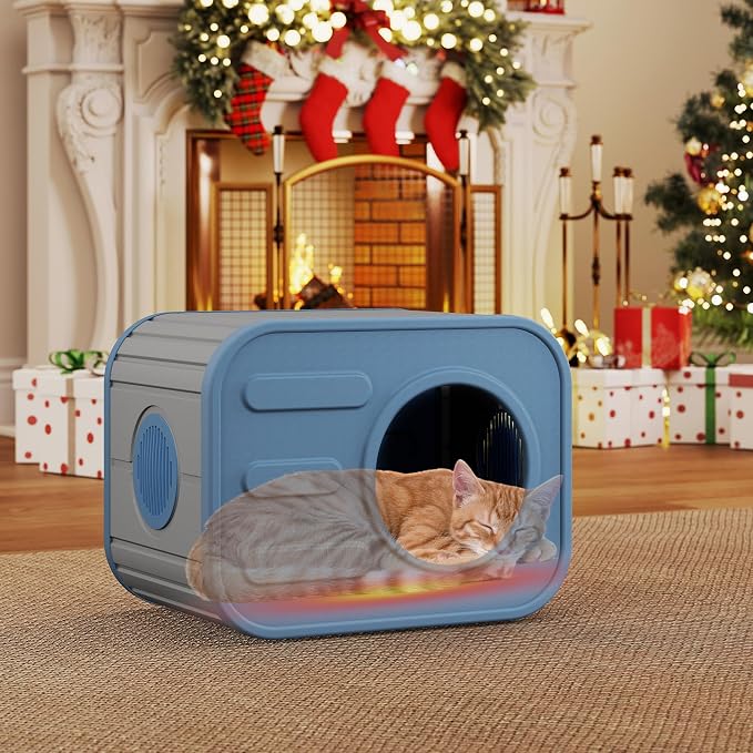 NUNU LAB Cat Litter Box Enclosure, Plastic Cat House Outdoor, Cats House for Indoor, Weatherproof Cat House, Camera Shaped Design, with Escape Door, for Small to Medium Cats (Blue)