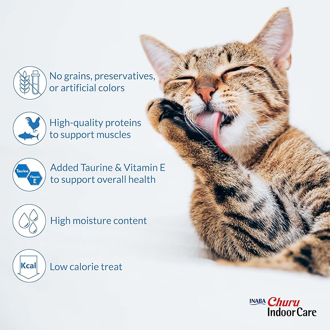 INABA Churu Indoor Care for Hairball Control, Functional Lickable Cat Treat with Taurine & Green Tea Extract, 0.5oz Each, 20 Tubes Total, Chicken & Salmon Variety