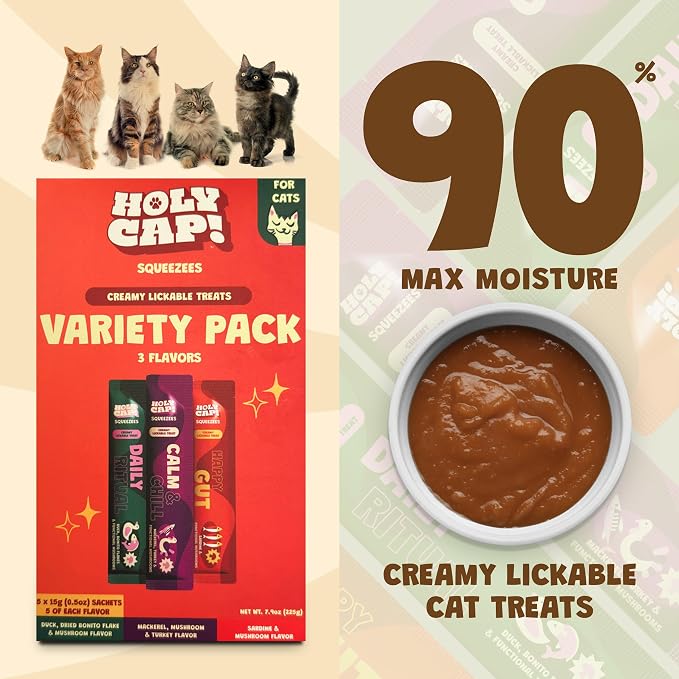 Variety Pack Grain-Free Lickable Cat Treats 15 Squeezable Purée Tubes (0.5 oz Each), Daily Ritual, Happy Gut & Calm & Chill Flavors, Creamy Cat Purée with Clean Ingredients