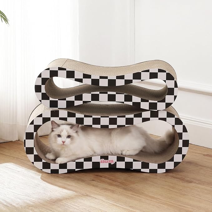 Suvi 26" Modern Cardboard Infinity 2-in-1 Lounge Bed Cat Scratcher with Catnip, Black/White Checker, Corrugated Scratching Surface and Tunnel CSR1014K