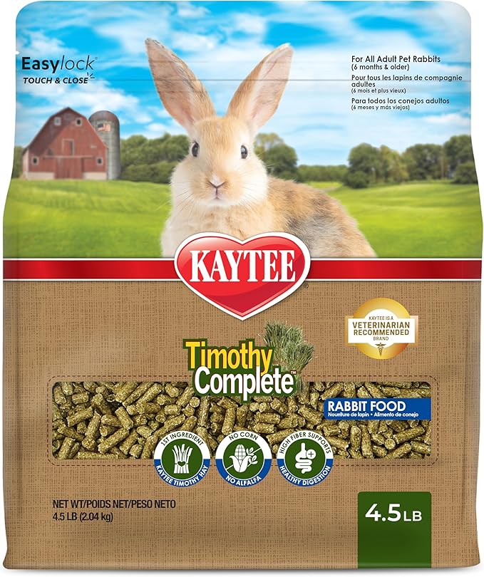 Kaytee Timothy Complete Rabbit Food, Made with Timothy Hay, High in Fiber, Supports Dental Health and Digestion, 4.5 pounds