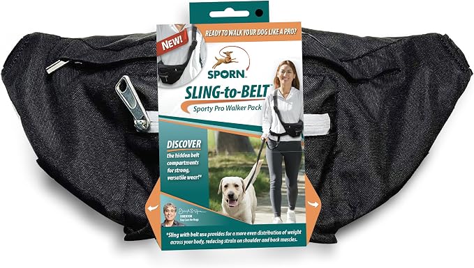 Sporn Sling-to-Belt Dog Training Treat Pouch, Breathable Double-Stiched Dog Treat Bags Training Pouch, Crossbody Dog Fanny Pack for Walking, Hiking, & Running, Supports 200+ Lbs, Black