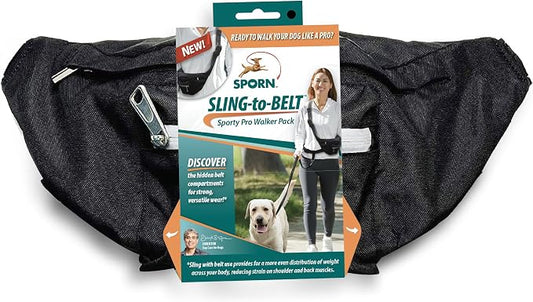 Sporn Sling-to-Belt Dog Training Treat Pouch, Breathable Double-Stiched Dog Treat Bags Training Pouch, Crossbody Dog Fanny Pack for Walking, Hiking, & Running, Supports 200+ Lbs, Black