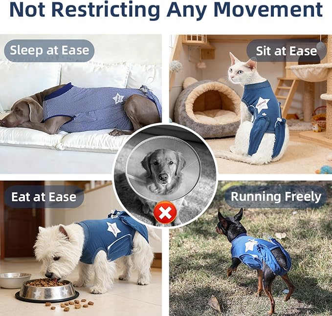 ETIAL Dog Post-Surgery Recovery Suit Breathable Surgical Shirt for Dogs with Adjustable Strap & Drawstring, Cone Alternative, Prevents Licking Wounds, Easy to Put On (Stripy Blue, Medium)
