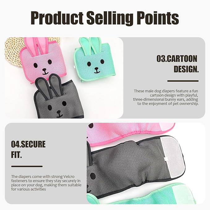 Cute Belly Bands for Male Dogs with 3D Ears, Washable Reusable Dog Diaper, Breathable Mesh Wrap for Training & Incontinence, Adjustable Comfort Fit（Pink-L）