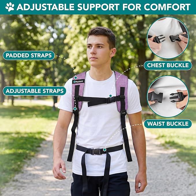 PetAmi Expandable Dog Backpack Carrier for Cats & Pets, Breathable Cat Carrier Backpack with Top Window & Multi-Entry, Ventilated Foldable Travel Carrier for Small Medium Pets up to 18 lbs, Purple