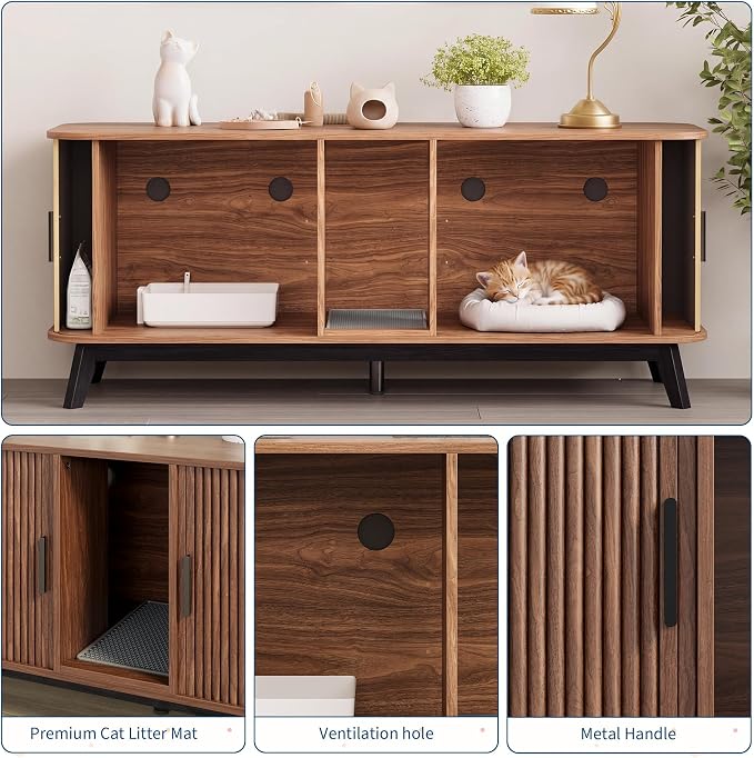 Garvee Cat Litter Box Enclosure for 2 Cats, 59" Hidden Litter Boxes Furniture with Sliding Door and Cat Litter Mat, Large Indoor Pet House, Wooden TV Stand Side Table, Walnut