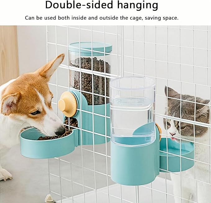 Hanging Pet Feeder Waterer - Rabbit Cage Gravity Bowl 2-in-1 | Leakproof hanging dispenser for rabbit cage. Easy gravity feed, no spill, no electricity. Food-grade BPA-free, easy clean.