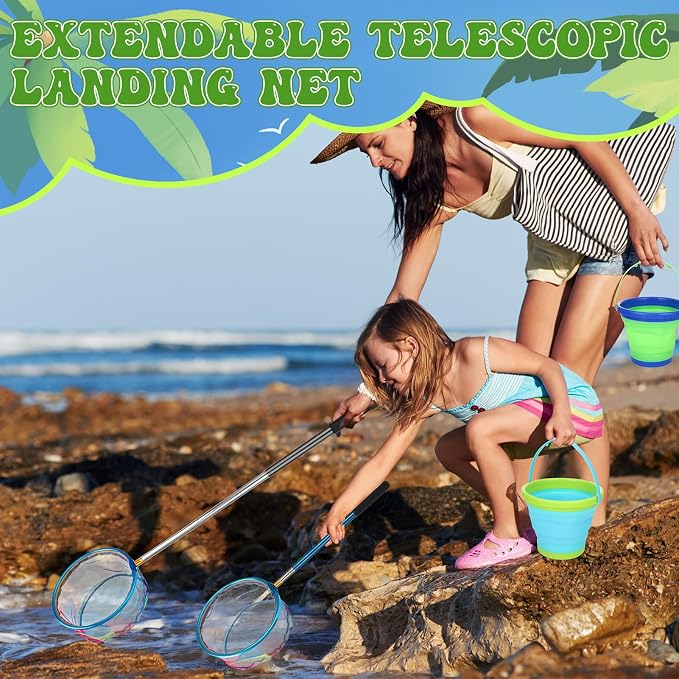 2 Pack Telescopic Kids Fishing Net with Handle, 2 Collapsible Bucket Sand Pail, Stainless Steel Foldable Fishing Net Small Fishing Butterfly Bug Net Beach Shovel with Storage Bag